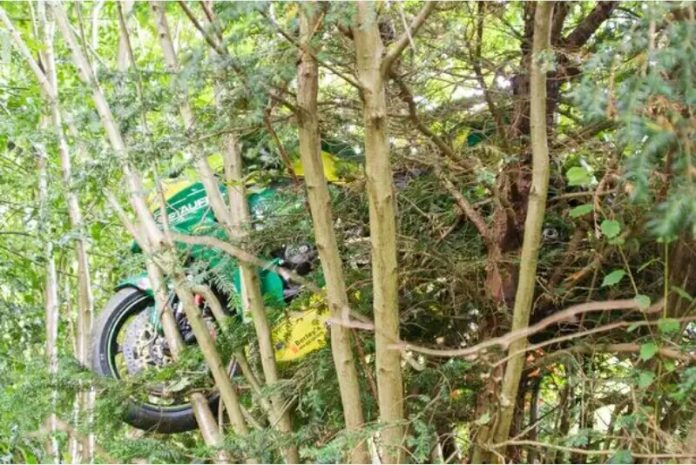 Motor balap tersangkut di pohon