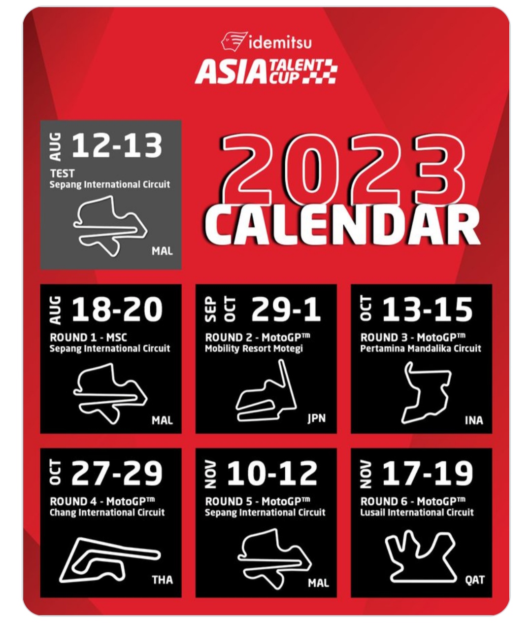 Kalender Asia Talent Cup (ATC) 2023 telah diumumkan. Gelaran musim depan itu digelar Agustus hingga November 2023.