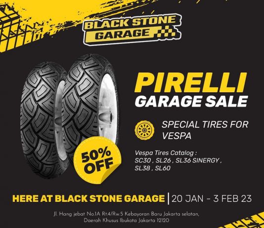 Garage Sale Ban Vespa Pirelli di Shop&Bike-BlackStone Garage, Diskon Sampai 50% Garage Sale Ban Vespa