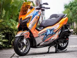 Modifikasi NMax Turbo dengan Airbrush Replika Helm Arai DiSalvo RR5 NMax Turbo di-air brush seperti replika helm Arai RR5 DiSalvo. Foto: yamaha